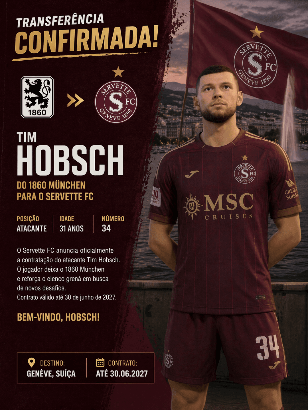 Hobsch se despede do 1860 München após acordo com o Servette. O atacante foi vendido por €790.000, encerrando sua passagem pelo clube. A …