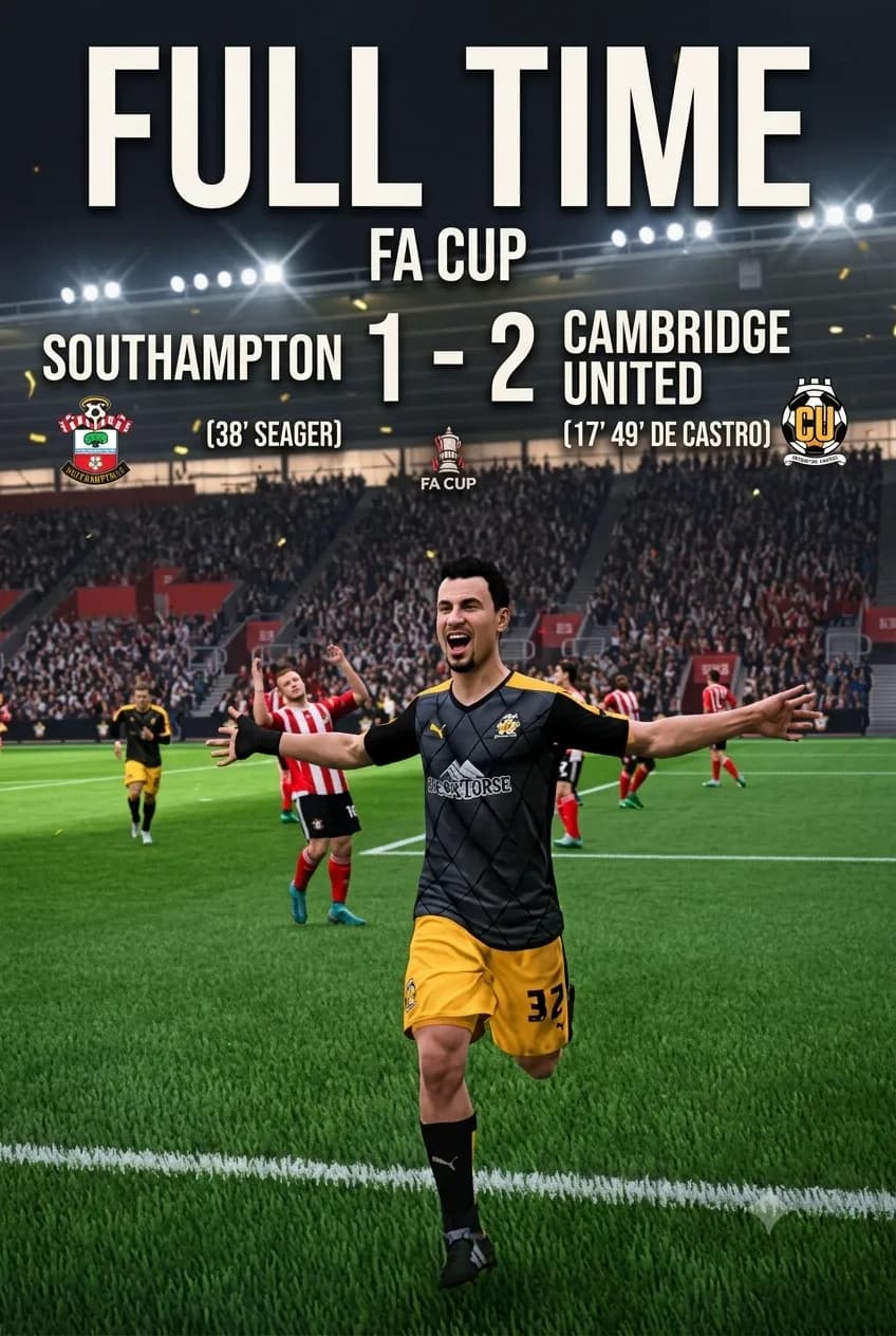 FIM DE JOGO NO ST. MARY'S STADIUM! Na estreia da FA Cup, o Cambridge United vence o Southampton por 2 a 1 e segue na competição, buscando…