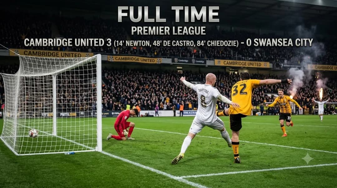 FIM DE JOGO NO ABBEY STADIUM! O Cambridge United vence o Swansea City por 3 a 0! Os gols dos Wasps foram marcados por Newton, Wallace e C…