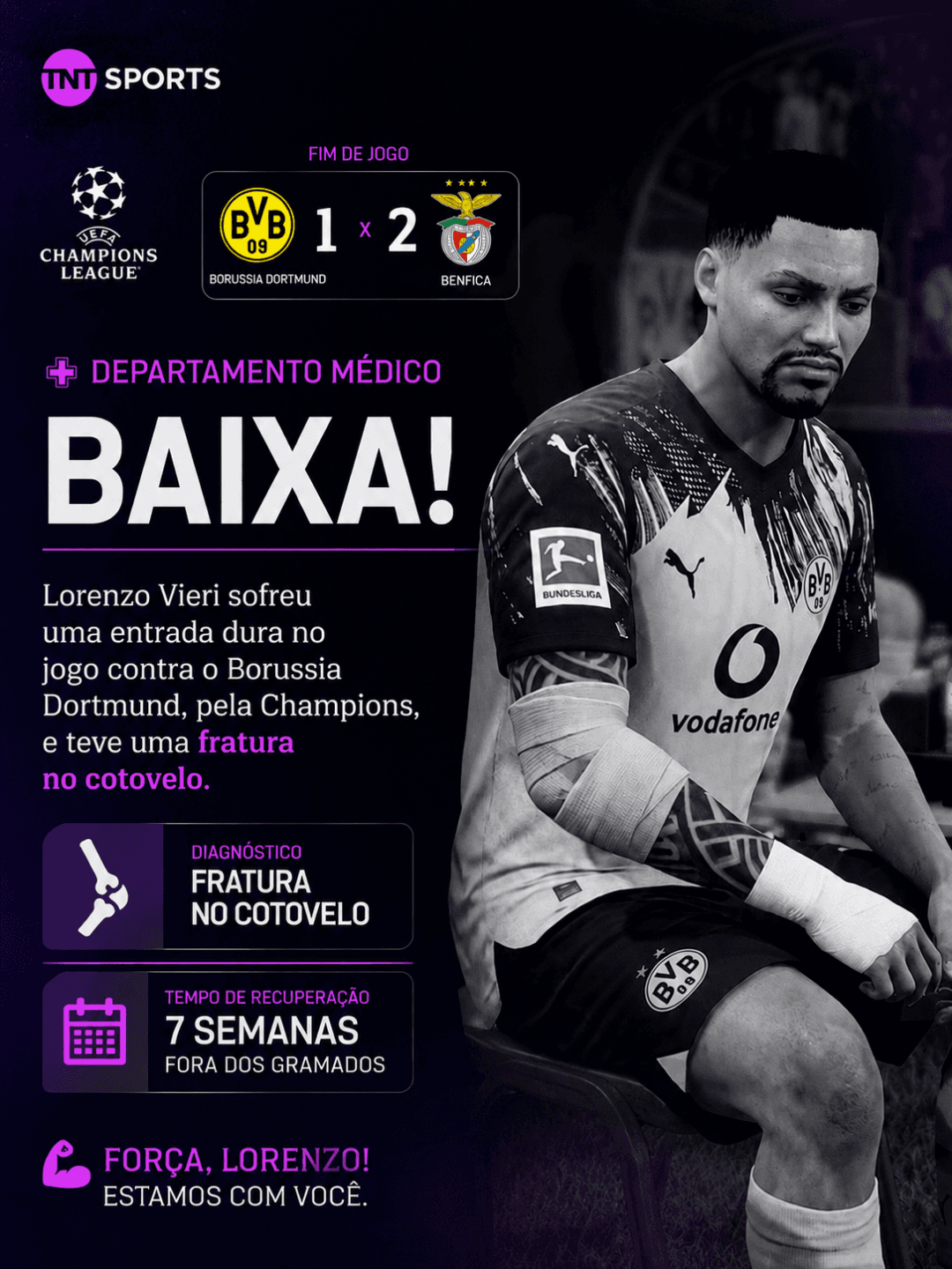 🚨 BAIXA NO BORUSSIA! Lorenzo Vieri sofreu uma entrada dura no duelo contra o Benfica pela Champions League e teve uma fratura no cotovel…