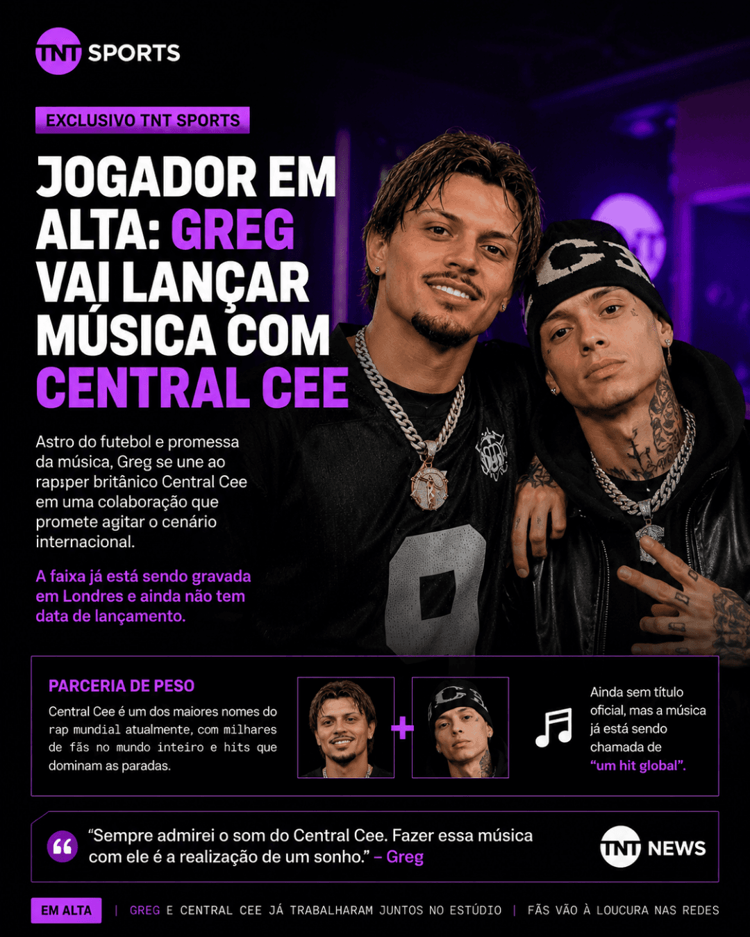PESADO!!!!!!!!! a promessa do futebol, greg, foi pra Londres, gravar uma música com o repper britânico Central Cee 🔥🔥, vem coisa pesada…