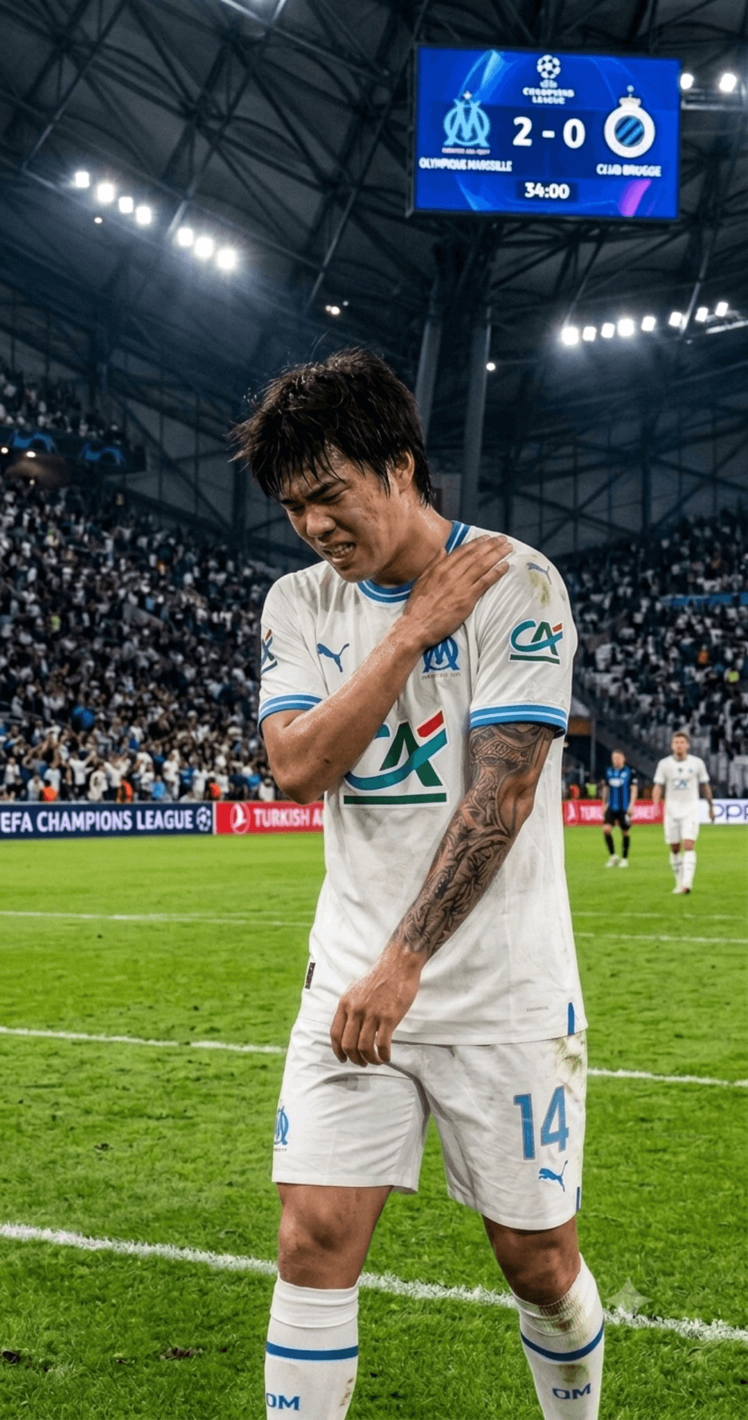 Fim de jogo, Marseille 3x1 Clube Brugge. 1 Gol⚽️e 1 Assistência🦶 nossa. Acabei aos 34 minutos após uma trombada com o jogador adversário…