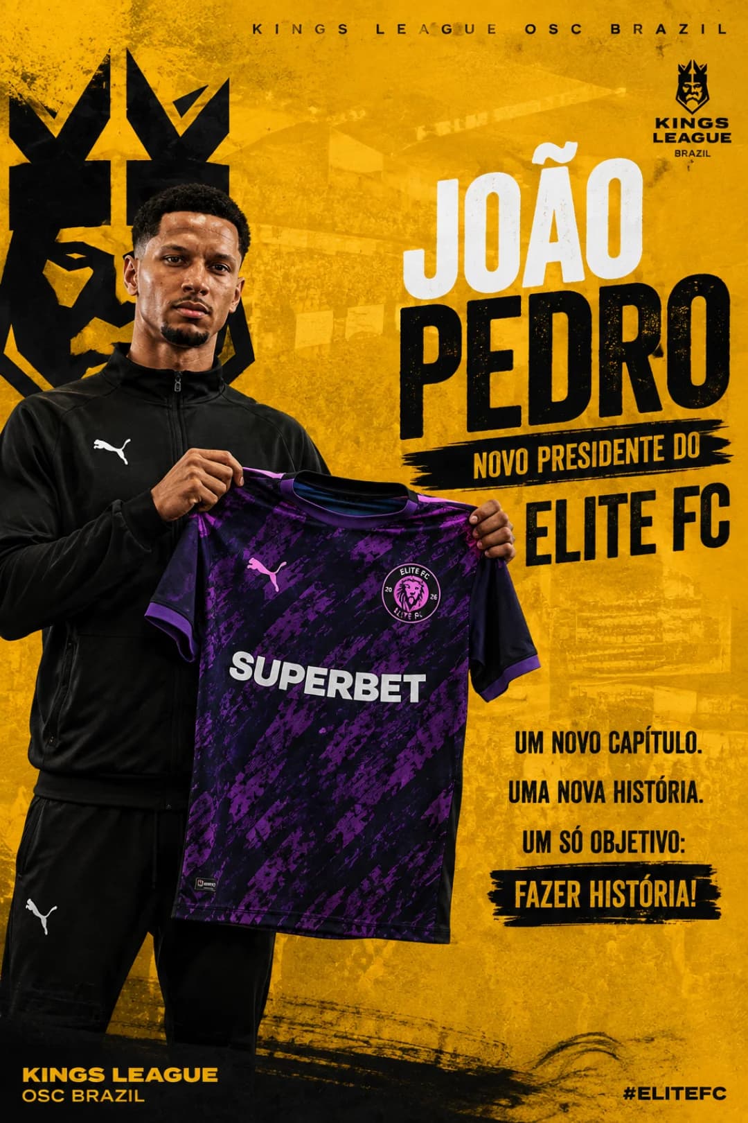 👑 Eusou o novo presidente do Elite FC. 🟣⚫ Uma nova equipe, uma nova identidade e um único objetivo: fazer história na Kings League.🏆