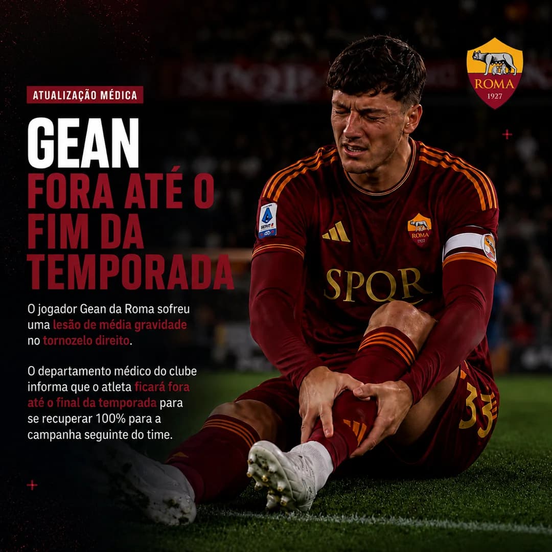 FORA DA TEMPORADA! 😬 O departamento médico da Roma anunciou uma lesão do meia atacante Gean no tornozelo, o clube ficará sem um dos seus…