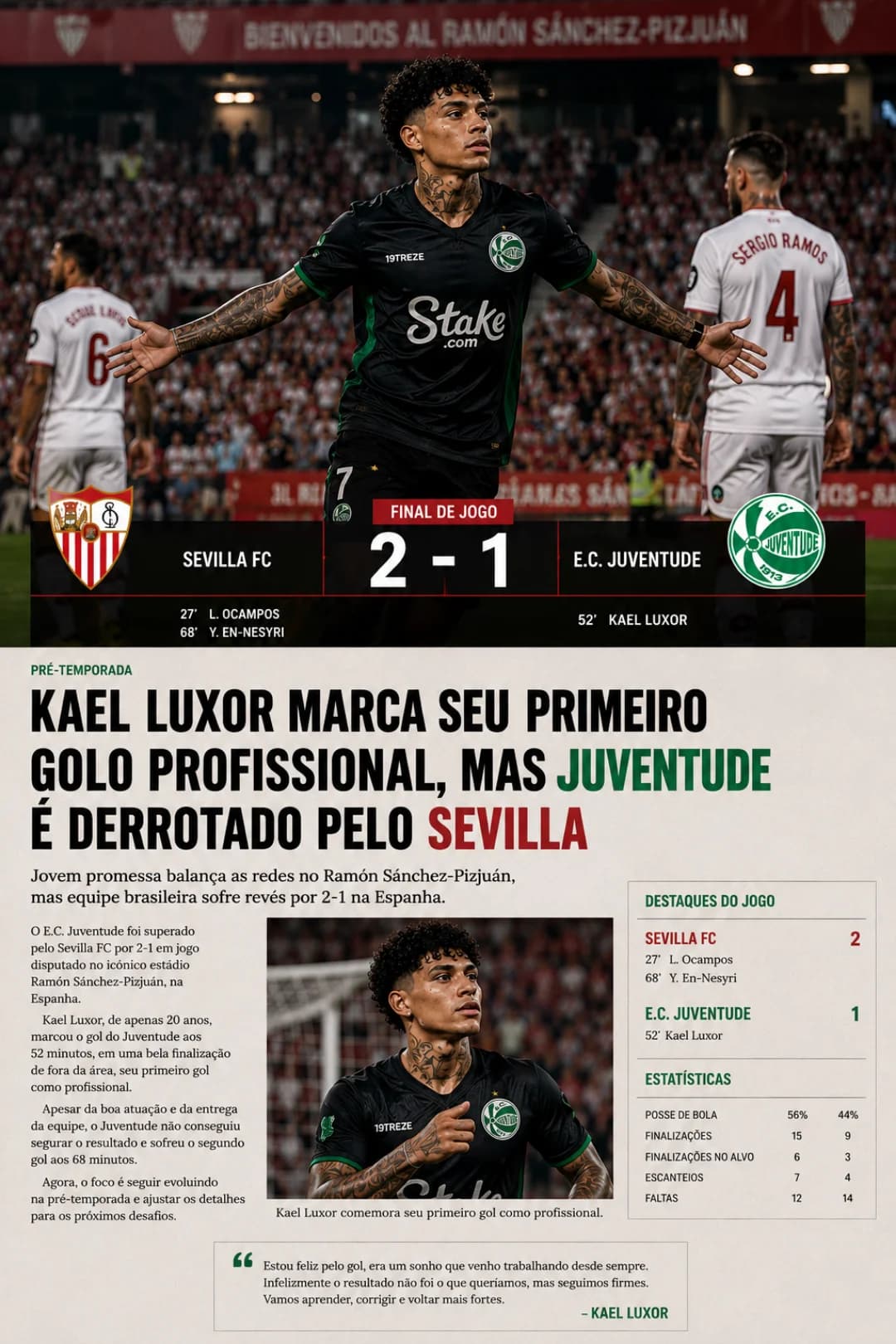 Primeiro golo como profissional. O resultado não foi o que queríamos, mas isto é só o começo. 💚⚽" "Uma noite inesquecível: primeiro golo…