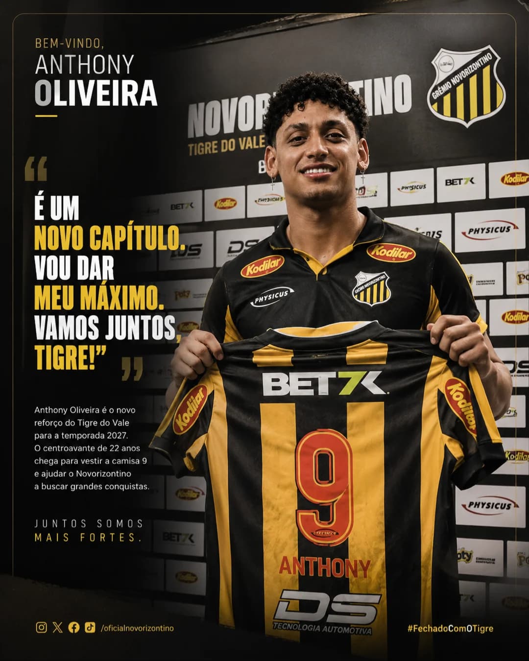 Um novo capítulo começa. 🐯🖤💛 Muito feliz e grato pela oportunidade de vestir a camisa do Novorizontino. Sei que cada passo precisa ser…