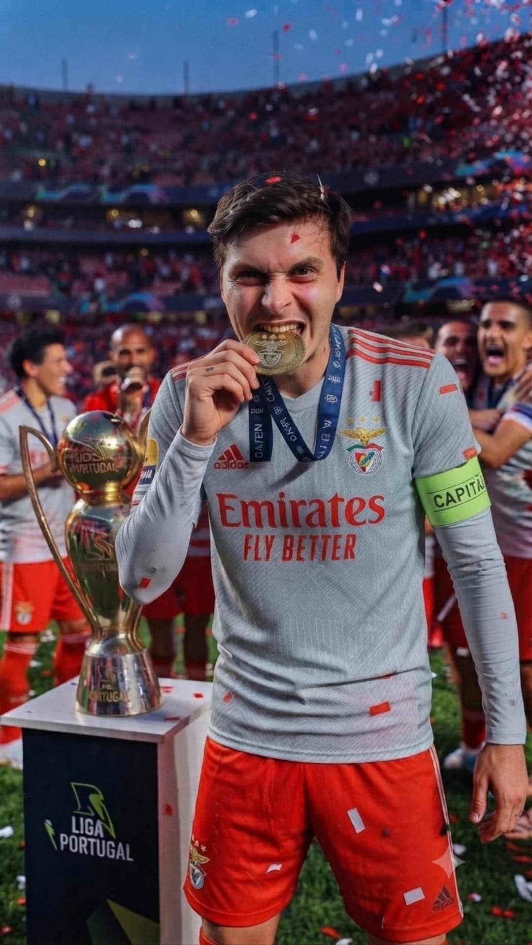 Meu primeiro título pelo Benfica 😁Ganhamos a liga Portugal!, e agora temos as quartas de final, ainda irá ser feito o sorteio!