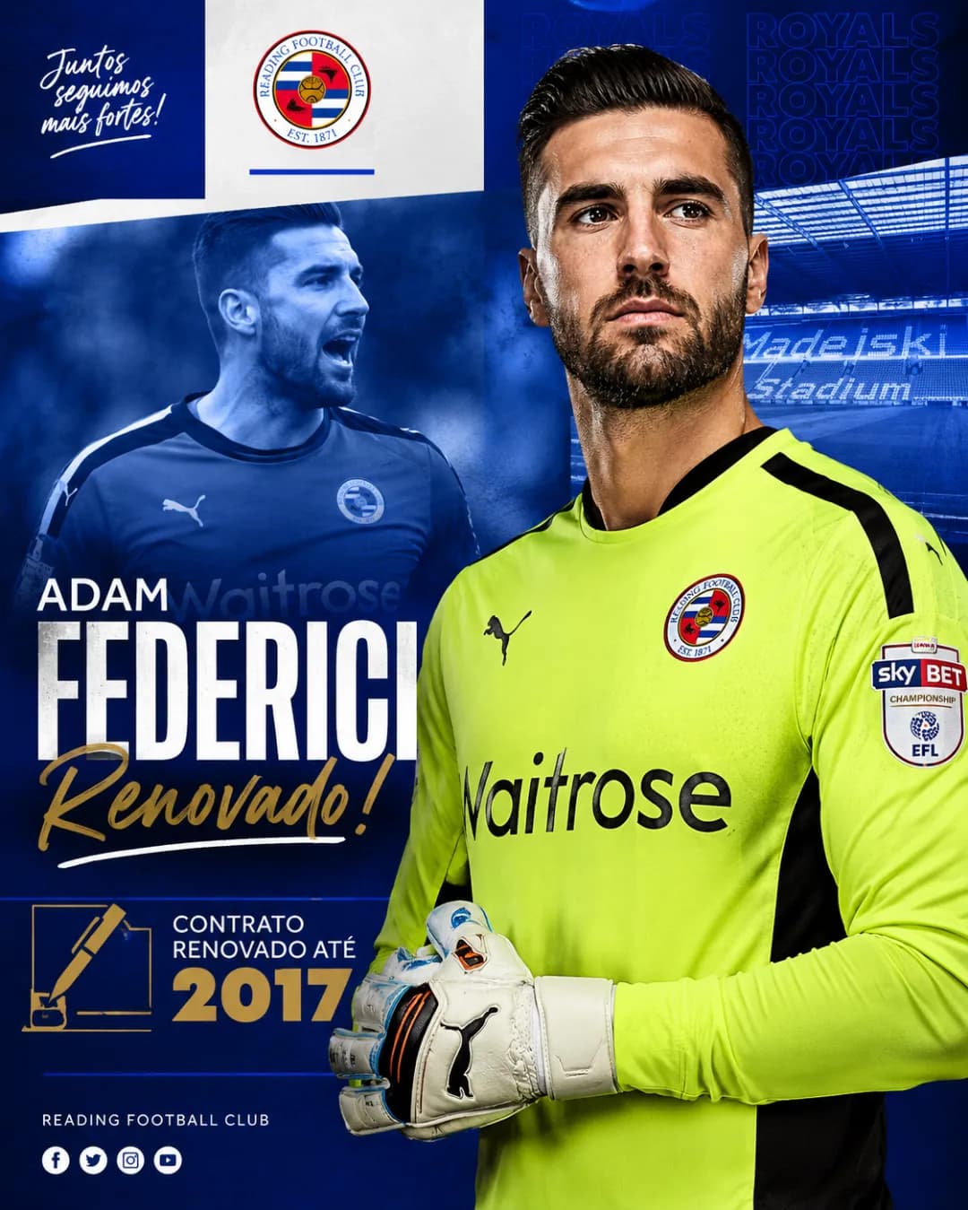 ADAM FEDERICI FICA ATÉ 2017! O goleiro Federici renovou o contrato com o Reading até julho de 2017 #modocarreiranostálgico #modocarreiraf…