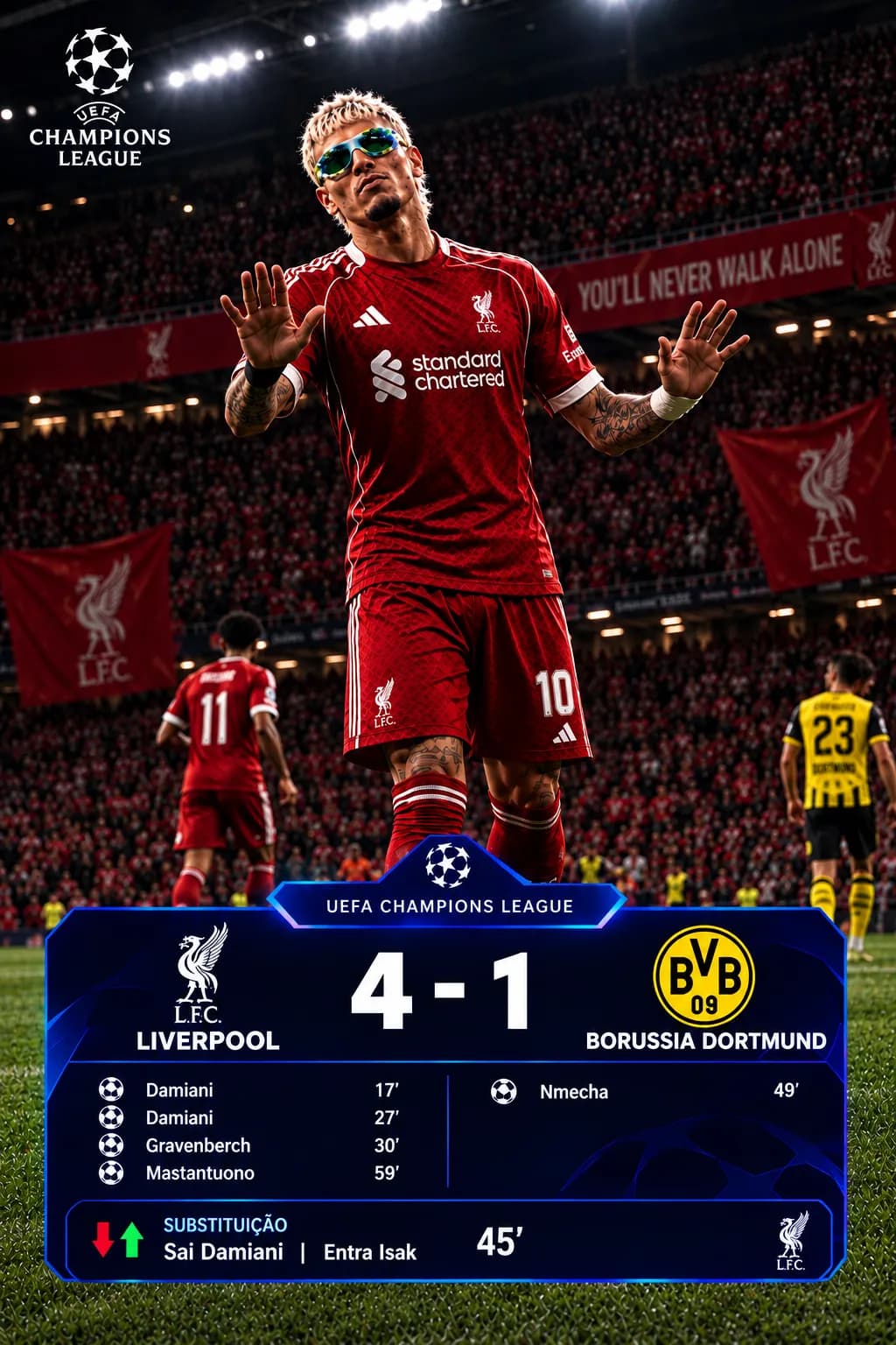No seu segundo jogo de Champions league, o Damiani anota 2 gols, sendo o artilheiro do campeonato com 6 gols em 2 jogos. ABSURDO !!